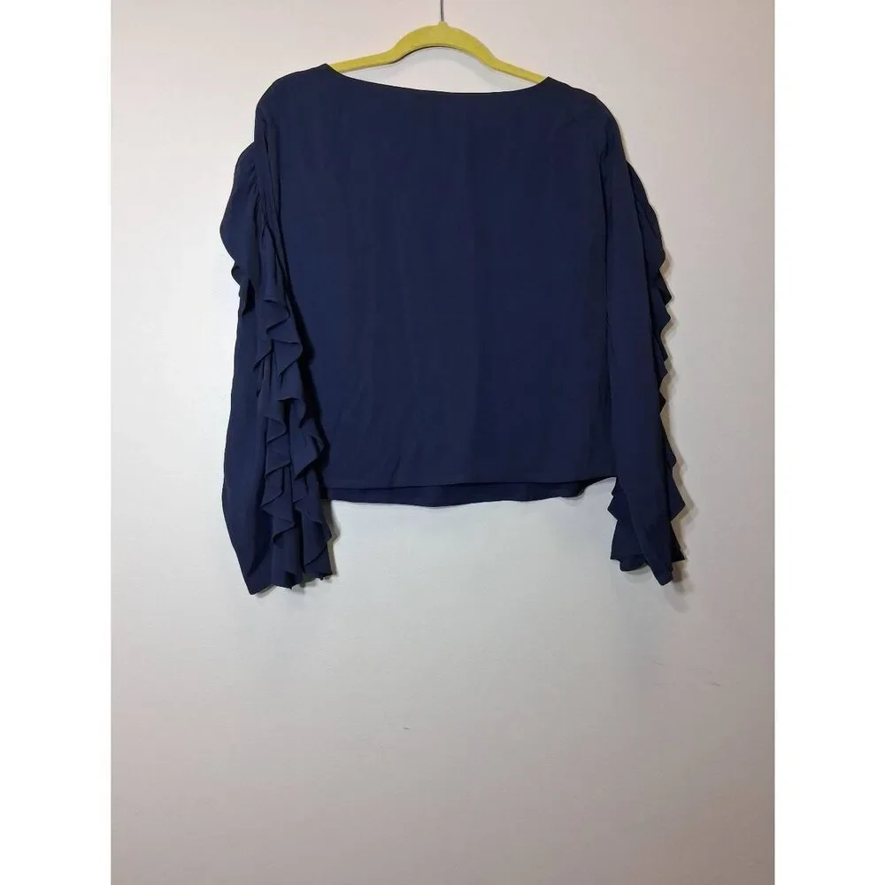 Club Monaco womens small boxy shirt navy blue ruffle sleeve boat neck